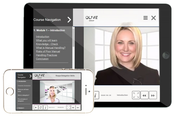 Olive Learnings Academy LMS course screen displayed on ipad and iphone